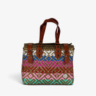 Theresa multicolor and gold Mexican handbag with brown genuine leather handles, front view