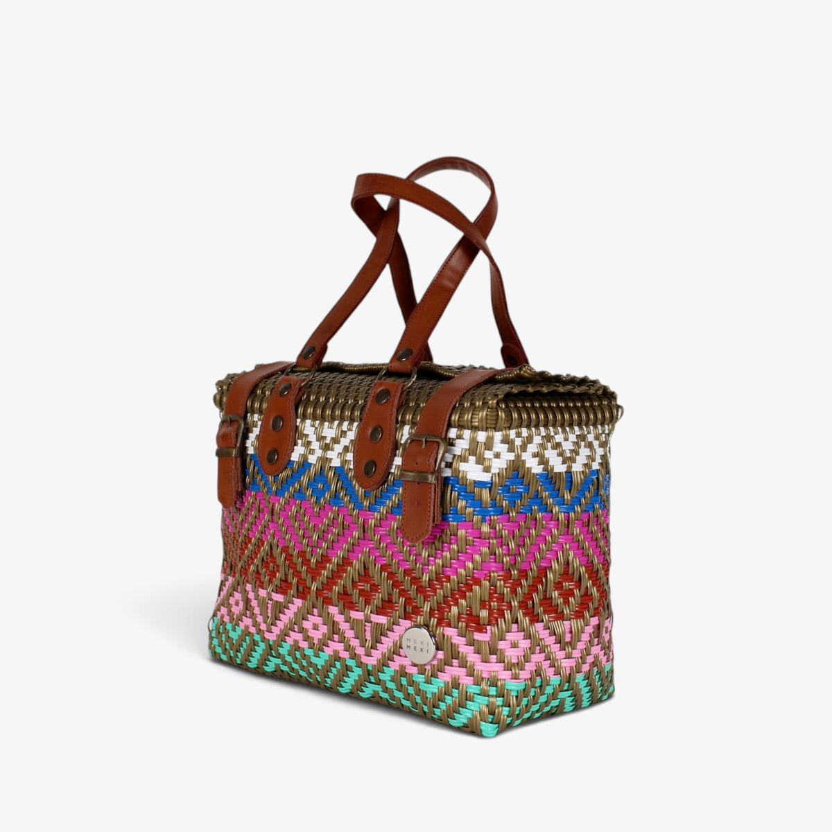 Multicolor and gold handwoven handbag with brown genuine leather handles and brass-tone hardware, angled view