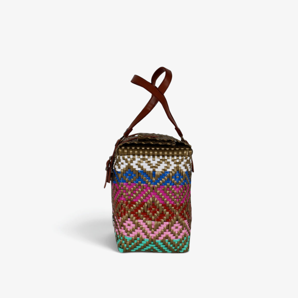 Side view of the multicolor and gold woven handbag with leather flap and snap closure