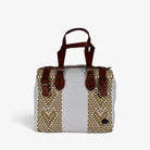 Theresa white and gold Mexican handbag with brown genuine leather handles, front view