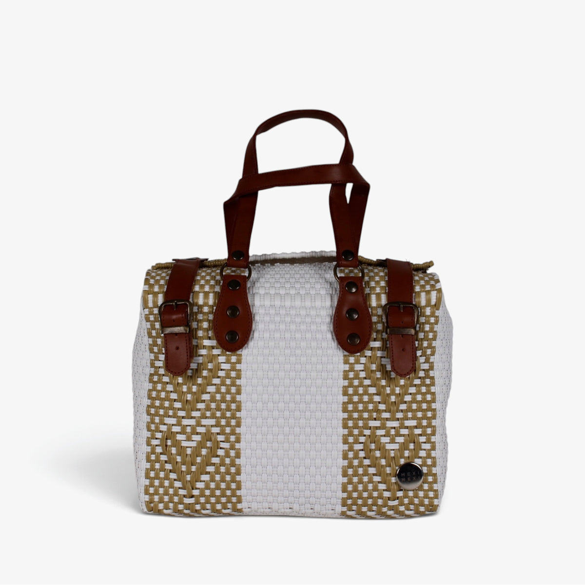 Theresa white and gold Mexican handbag with brown genuine leather handles, front view