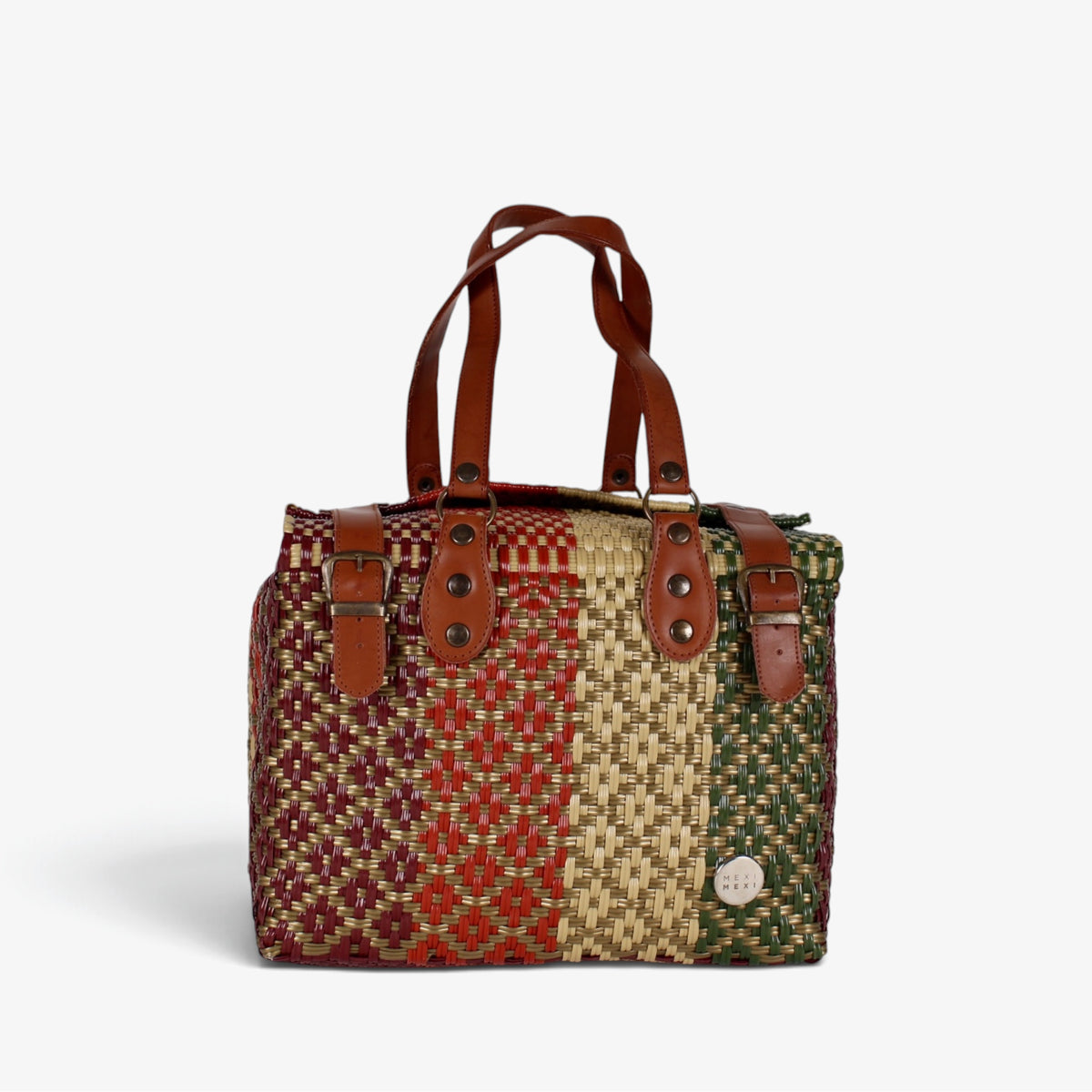 Theresa earth tones Mexican handbag with brown genuine leather handles, front view