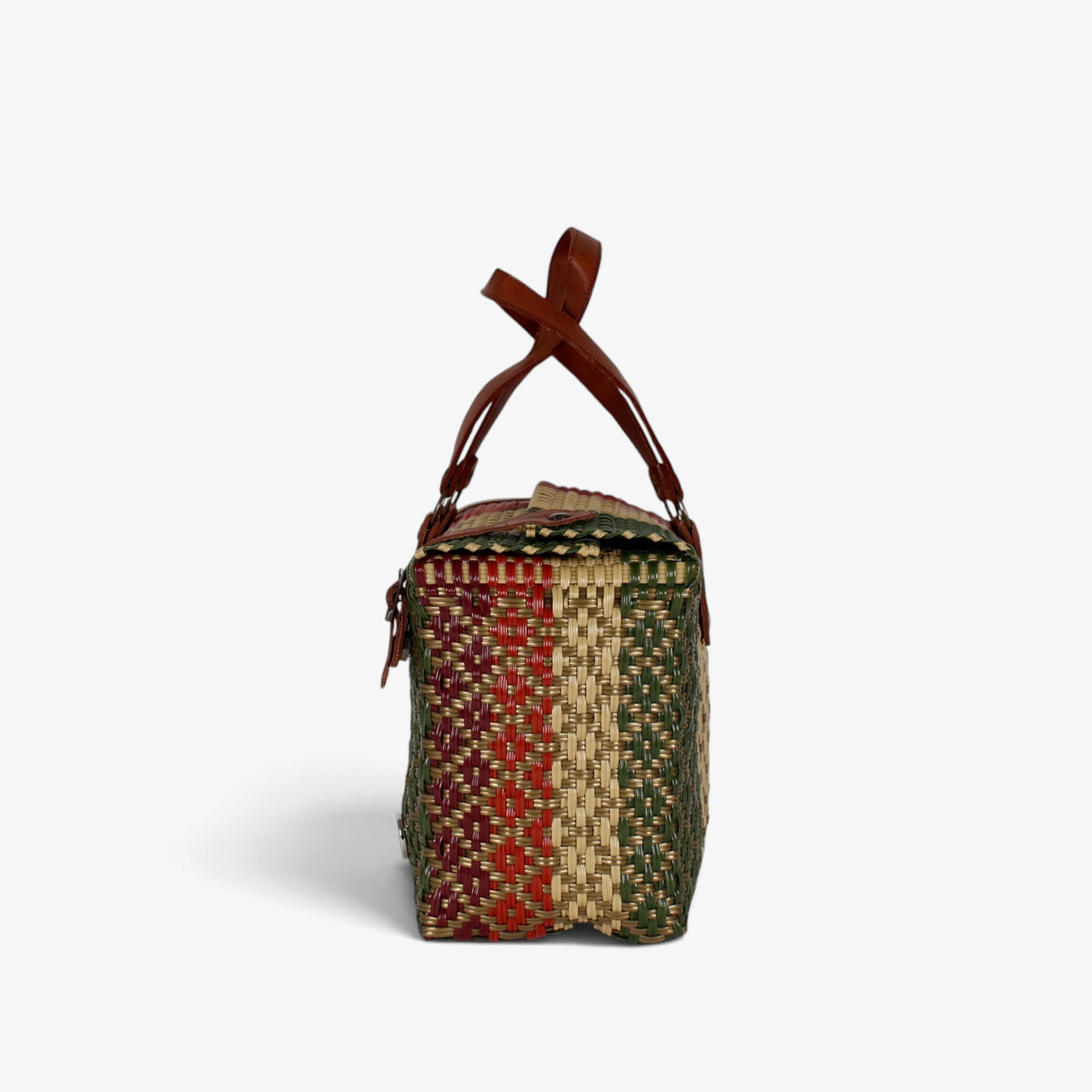 Side view of the earth tones woven handbag with leather flap and snap closure