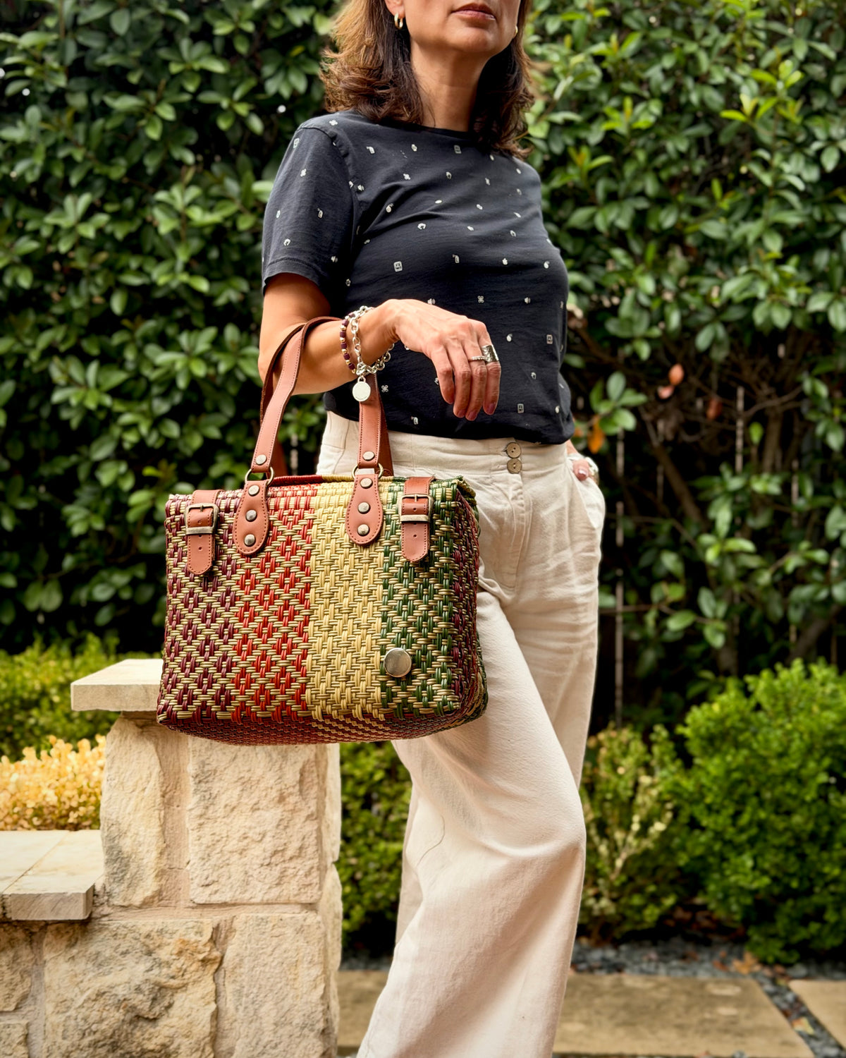 Earth Tones Theresa Mexican handbag with brown leather handles, lifestyle photo