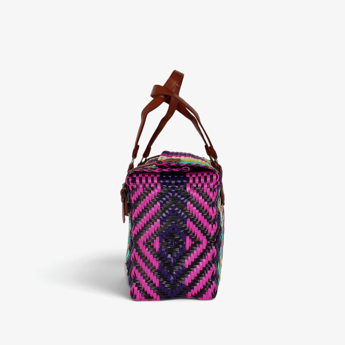Side view of the pink and purple woven handbag with leather flap and snap closure