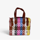Theresa multicolor diamond Mexican handbag with brown genuine leather handles, front view