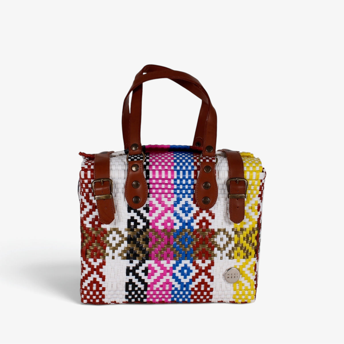 Theresa multicolor diamond Mexican handbag with brown genuine leather handles, front view