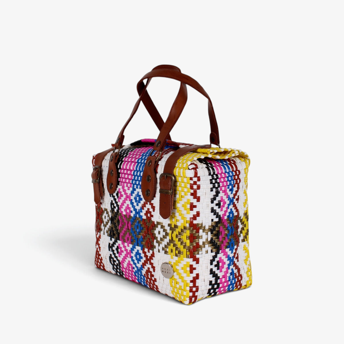 Multicolor diamond handwoven handbag with brown genuine leather handles and brass-tone hardware, angled view