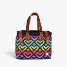 Theresa rainbow Mexican handbag with brown genuine leather handles, front view