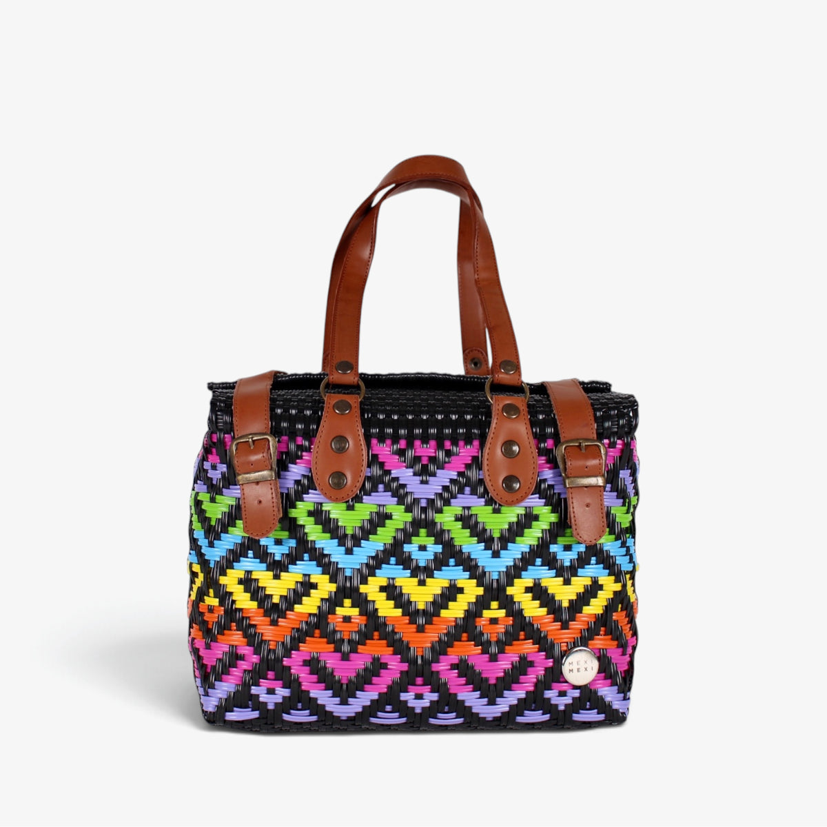 Theresa rainbow Mexican handbag with brown genuine leather handles, front view