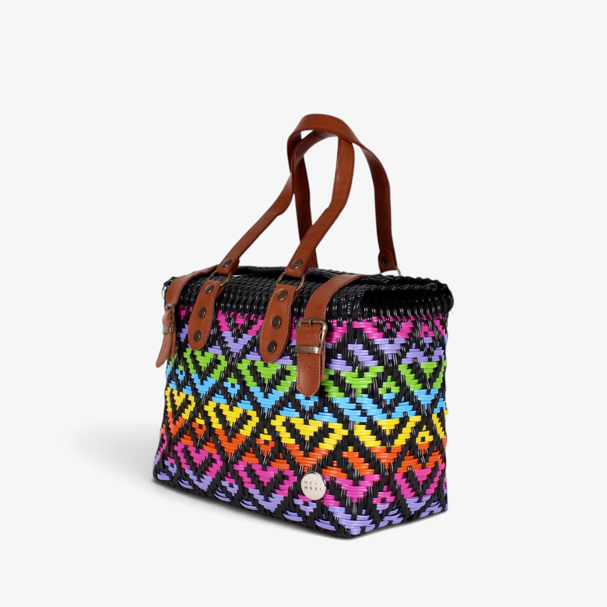 Rainbow handwoven handbag with brown genuine leather handles and brass-tone hardware, angled view