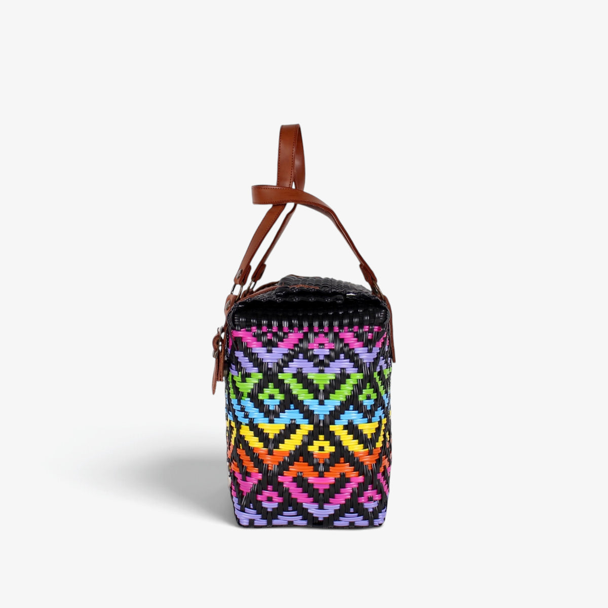 Side view of the rainbow woven handbag with leather flap and snap closure