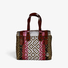Theresa pink, gold and white Mexican handbag with brown genuine leather handles, front view