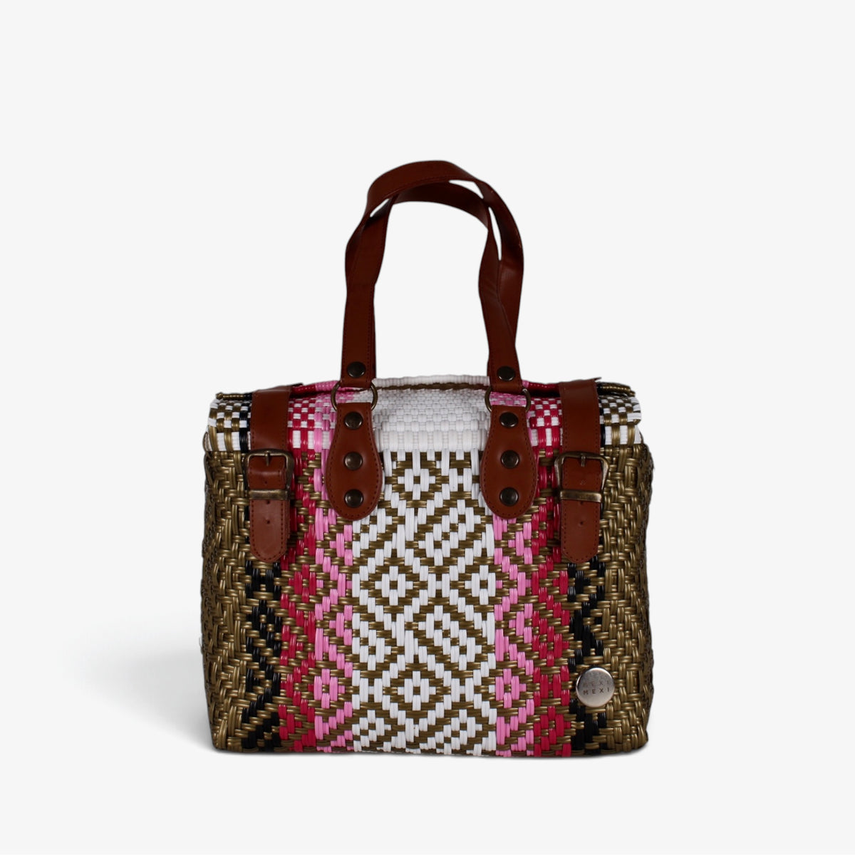Theresa pink, gold and white Mexican handbag with brown genuine leather handles, front view