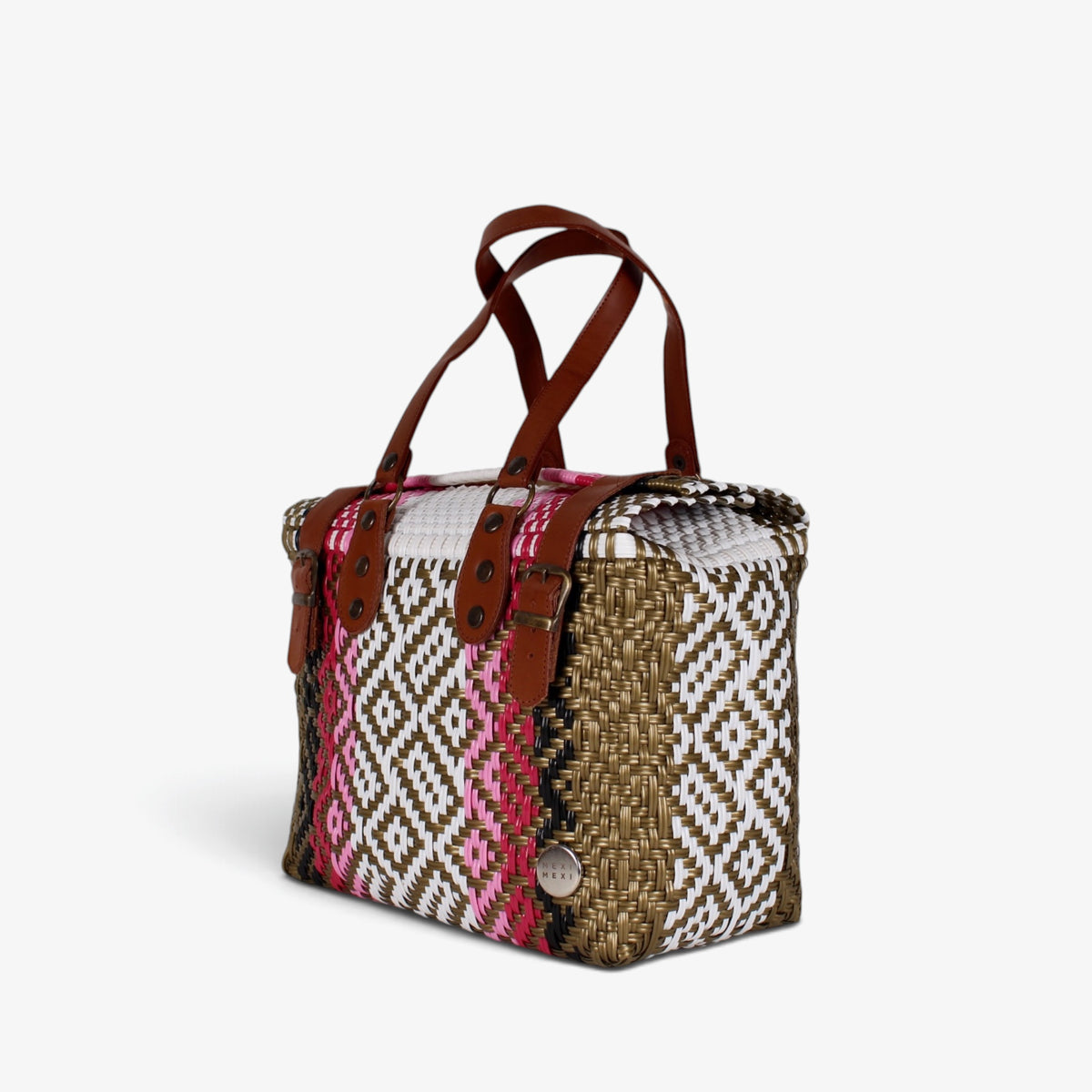 Pink, gold and white handwoven handbag with brown genuine leather handles and brass-tone hardware, angled view