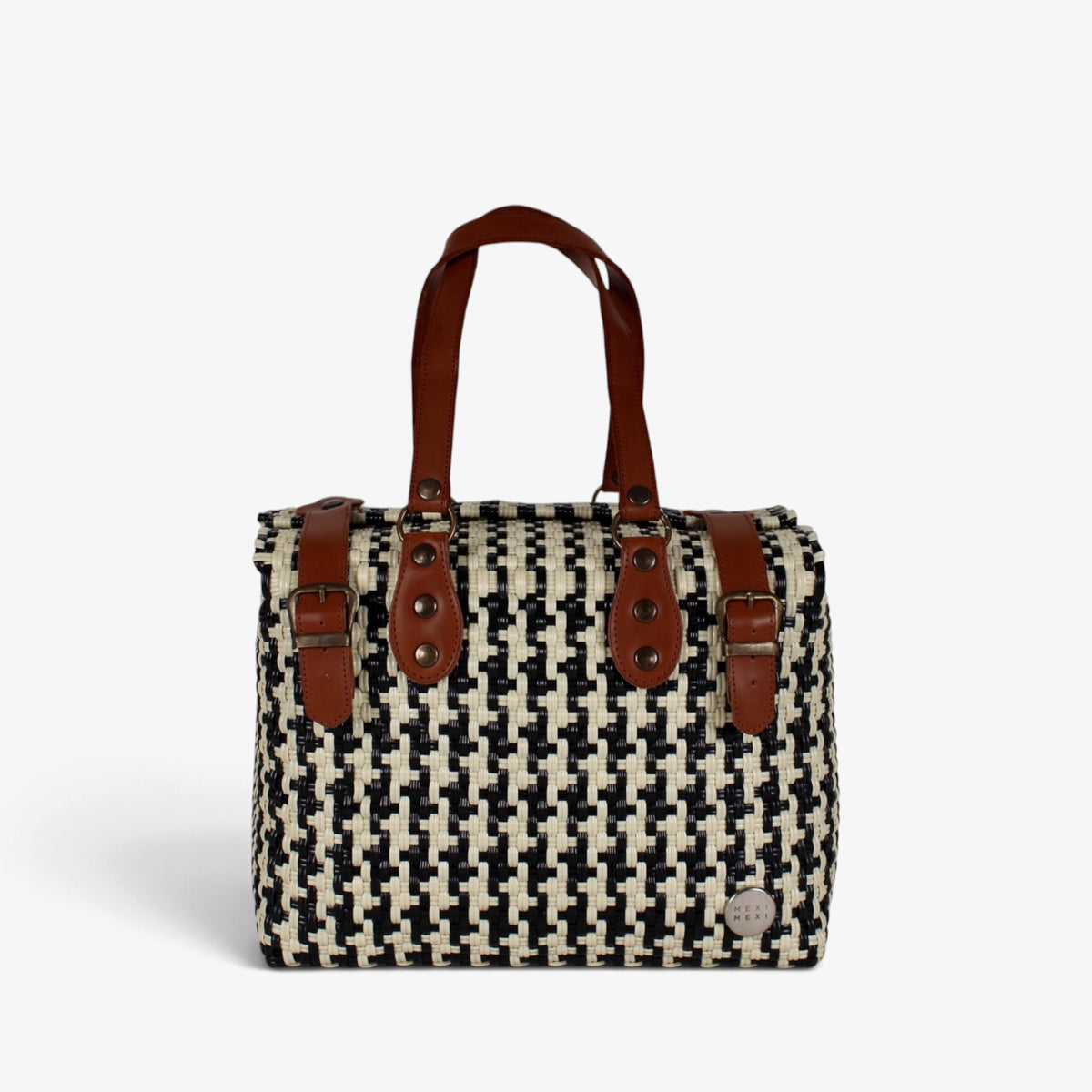 Theresa black and cream houndstooth Mexican handbag with brown genuine leather handles, front view