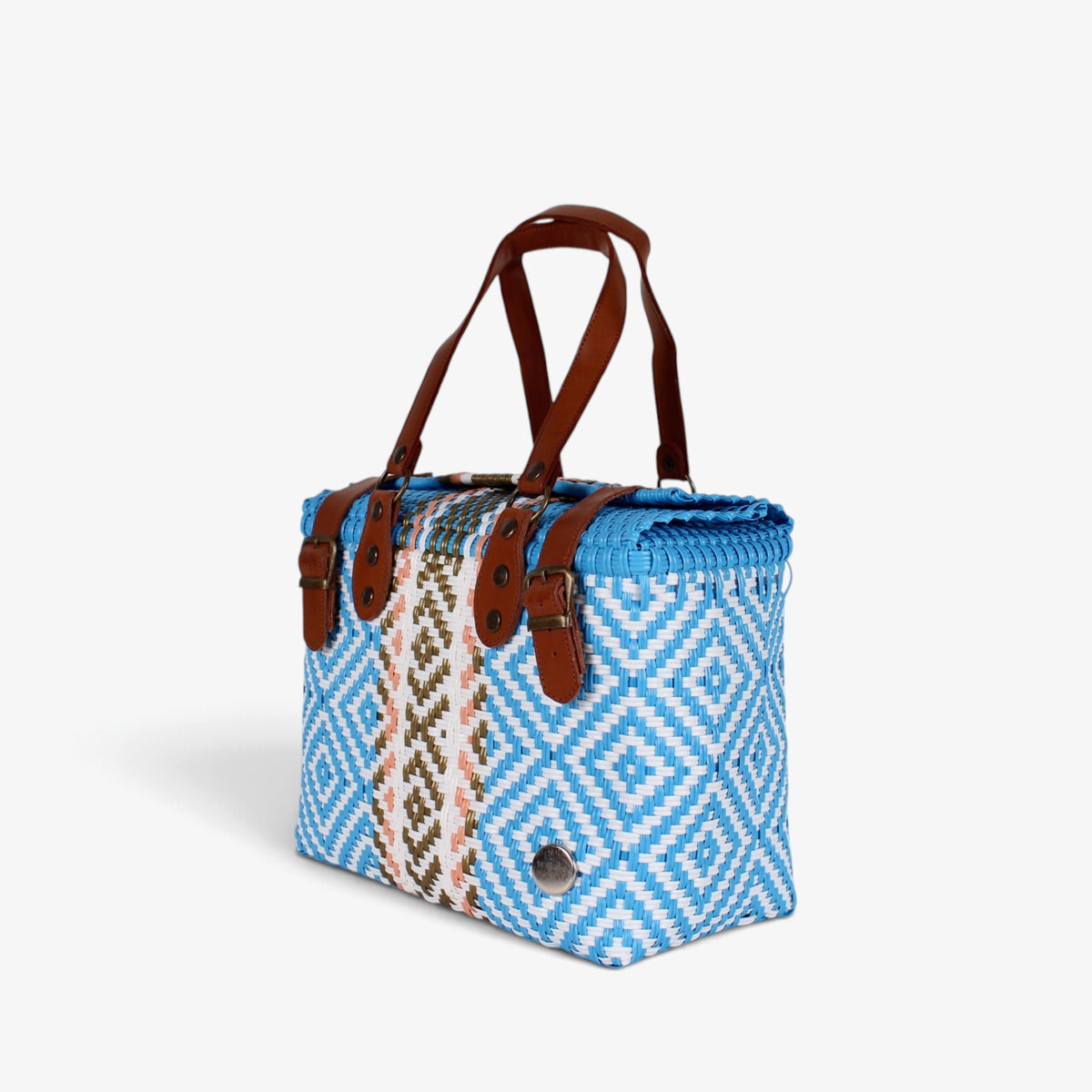 Light blue handwoven handbag with brown genuine leather handles and brass-tone hardware, angled view