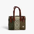 Theresa forest green Mexican handbag with brown genuine leather handles, front view