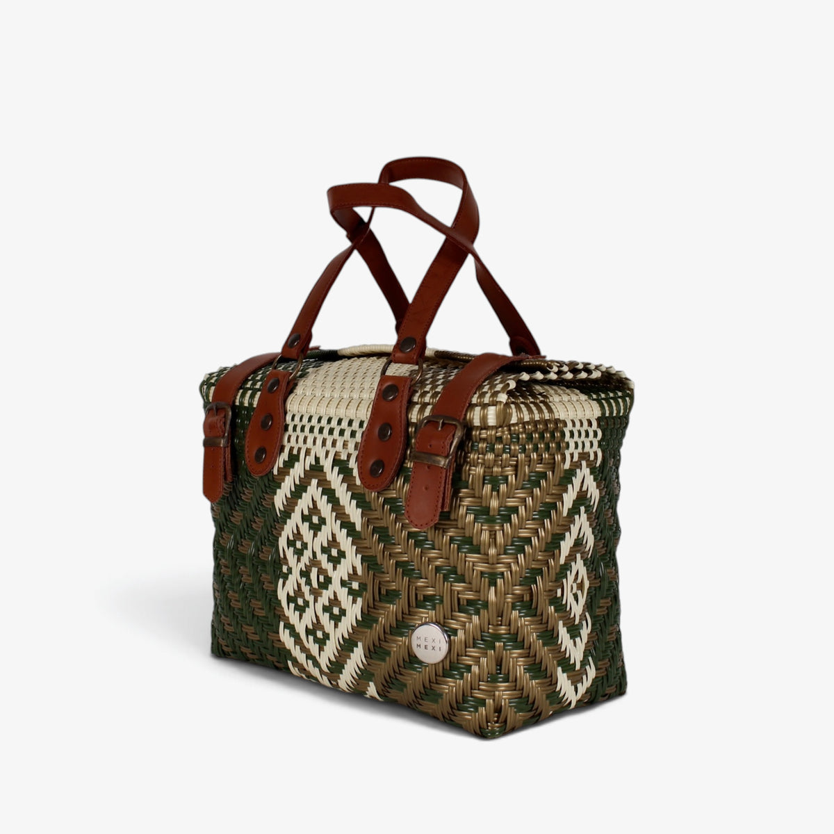 Forest green handwoven handbag with brown genuine leather handles and brass-tone hardware, angled view