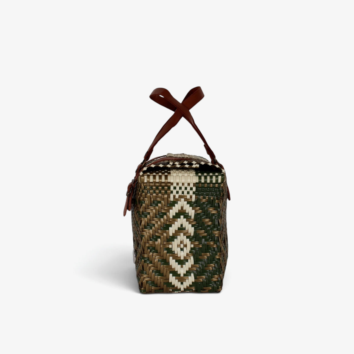 Side view of the forest green woven handbag with leather flap and snap closure