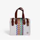 Theresa white rainbow stripe Mexican handbag with brown genuine leather handles, front view