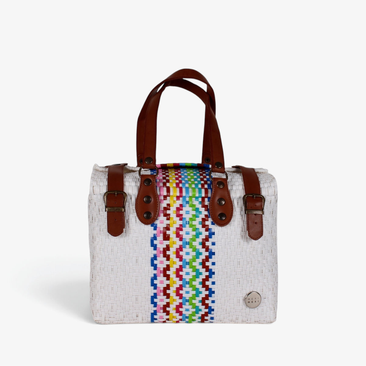 Theresa white rainbow stripe Mexican handbag with brown genuine leather handles, front view