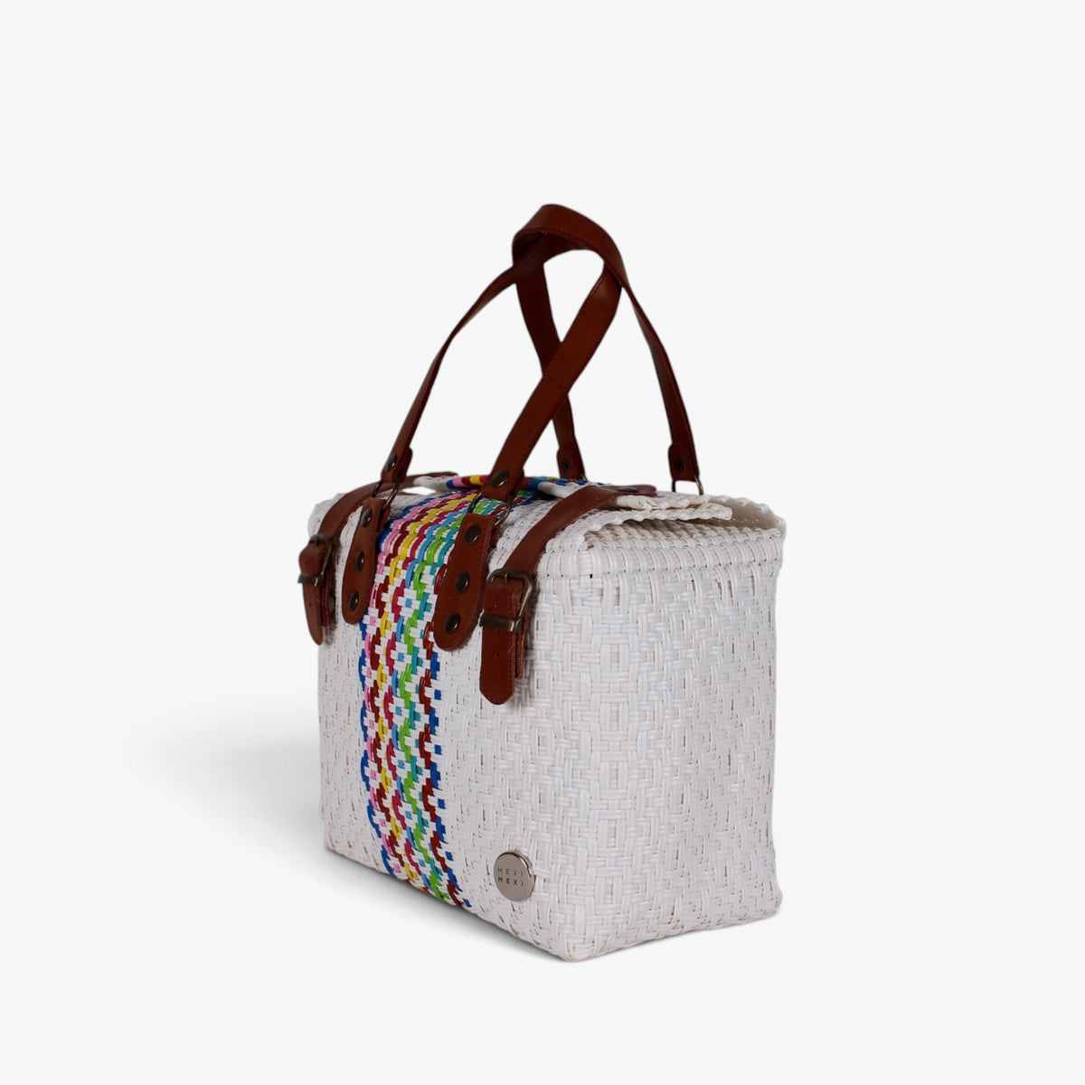 White rainbow stripe handwoven handbag with brown genuine leather handles and brass-tone hardware, angled view