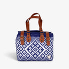 Theresa navy and white Mexican handbag with brown genuine leather handles, front view