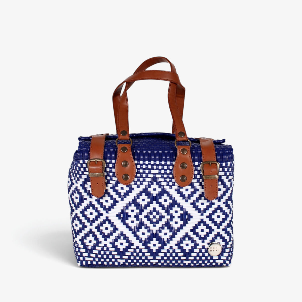 Theresa navy and white Mexican handbag with brown genuine leather handles, front view