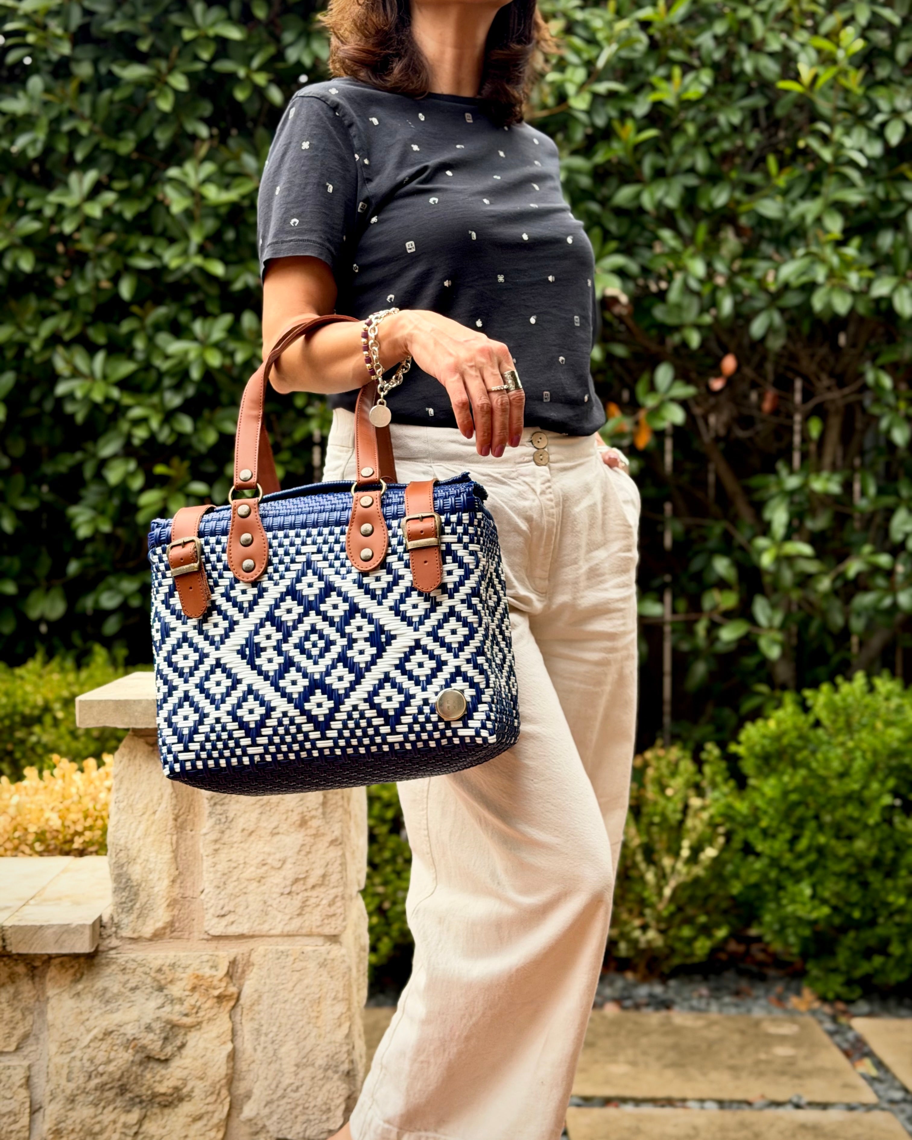Navy & White Theresa Mexican handbag with brown leather handles, lifestyle photo