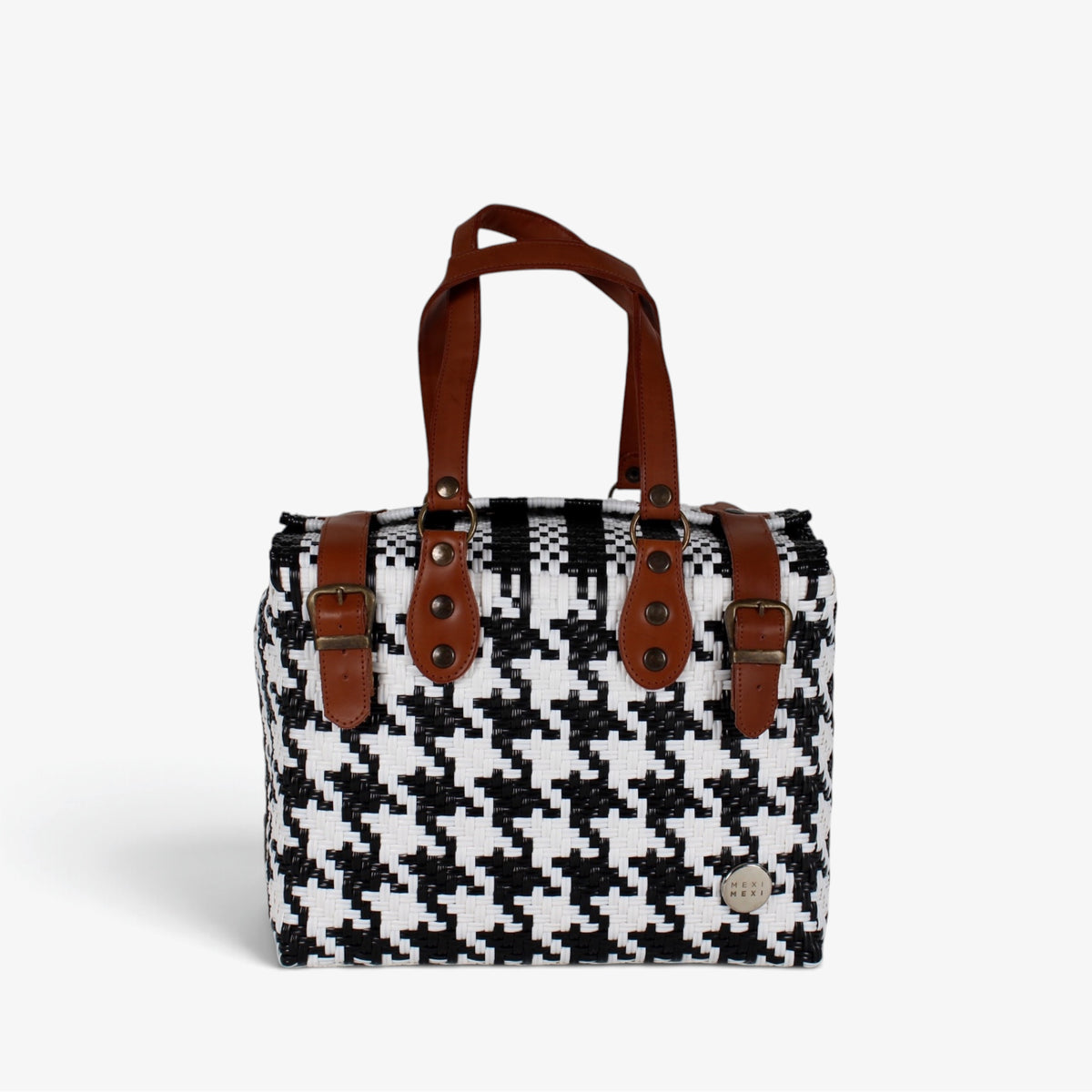 Theresa black and white houndstooth Mexican handbag with brown genuine leather handles, front view