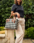 Black & White Houndstooth Theresa Mexican handbag with brown leather handles, lifestyle photo