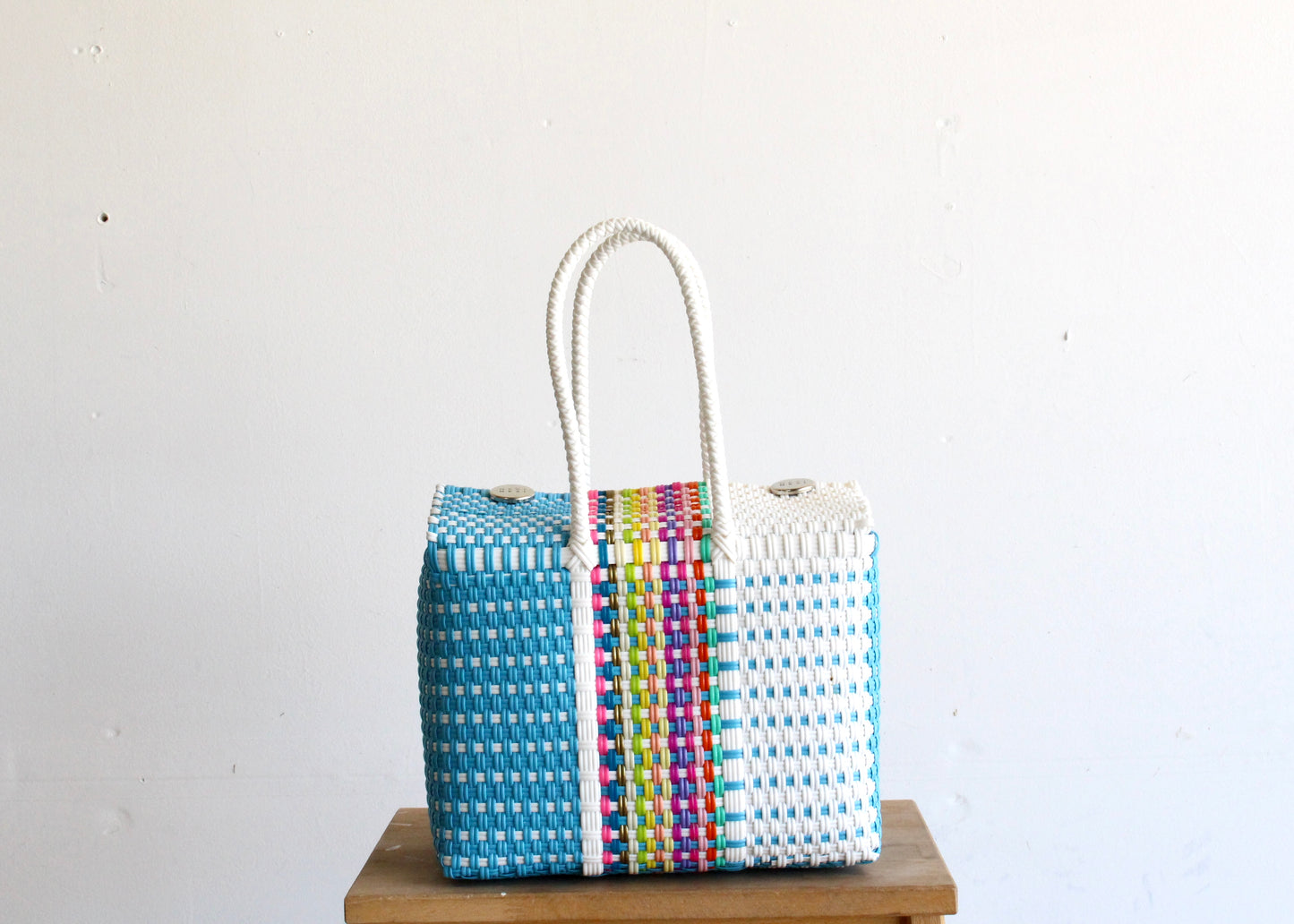 Baby Blue, White & Colors Handwoven Handbag by MexiMexi