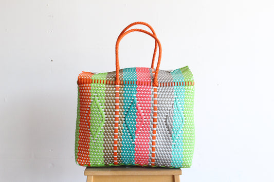 Green, Orange, Teal & Pink Handwoven Mexican Basket by MexiMexi