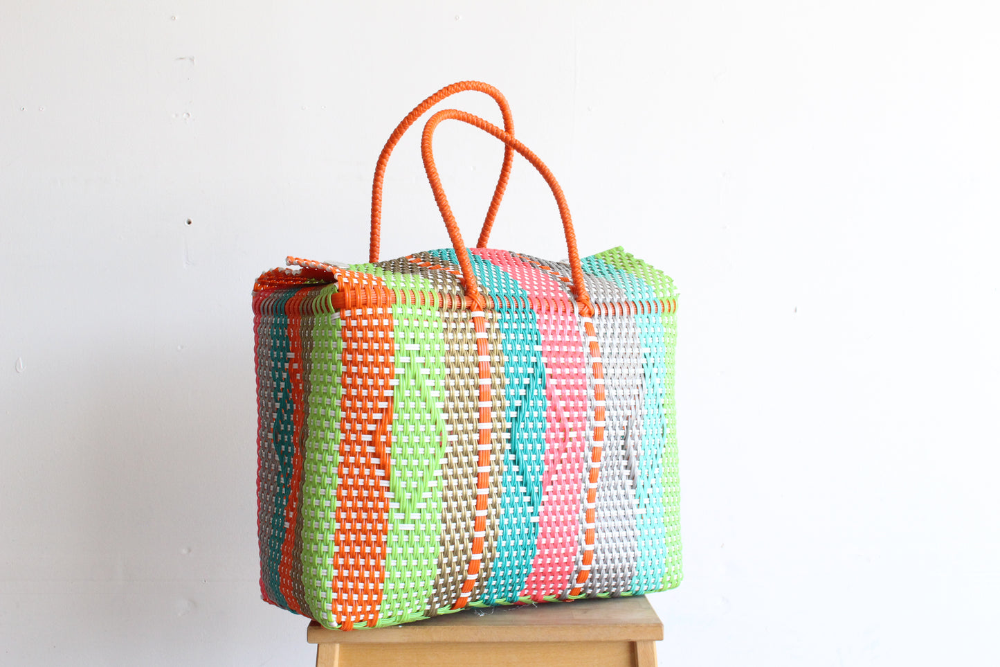 Green, Orange, Teal & Pink Handwoven Mexican Basket by MexiMexi