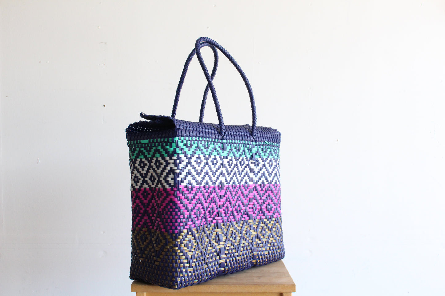 Blue, Pink, Teal & Gold Handwoven Mexican Basket by MexiMexi
