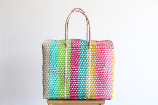 Colorful Light Hearts Handwoven Mexican Basket by MexiMexi
