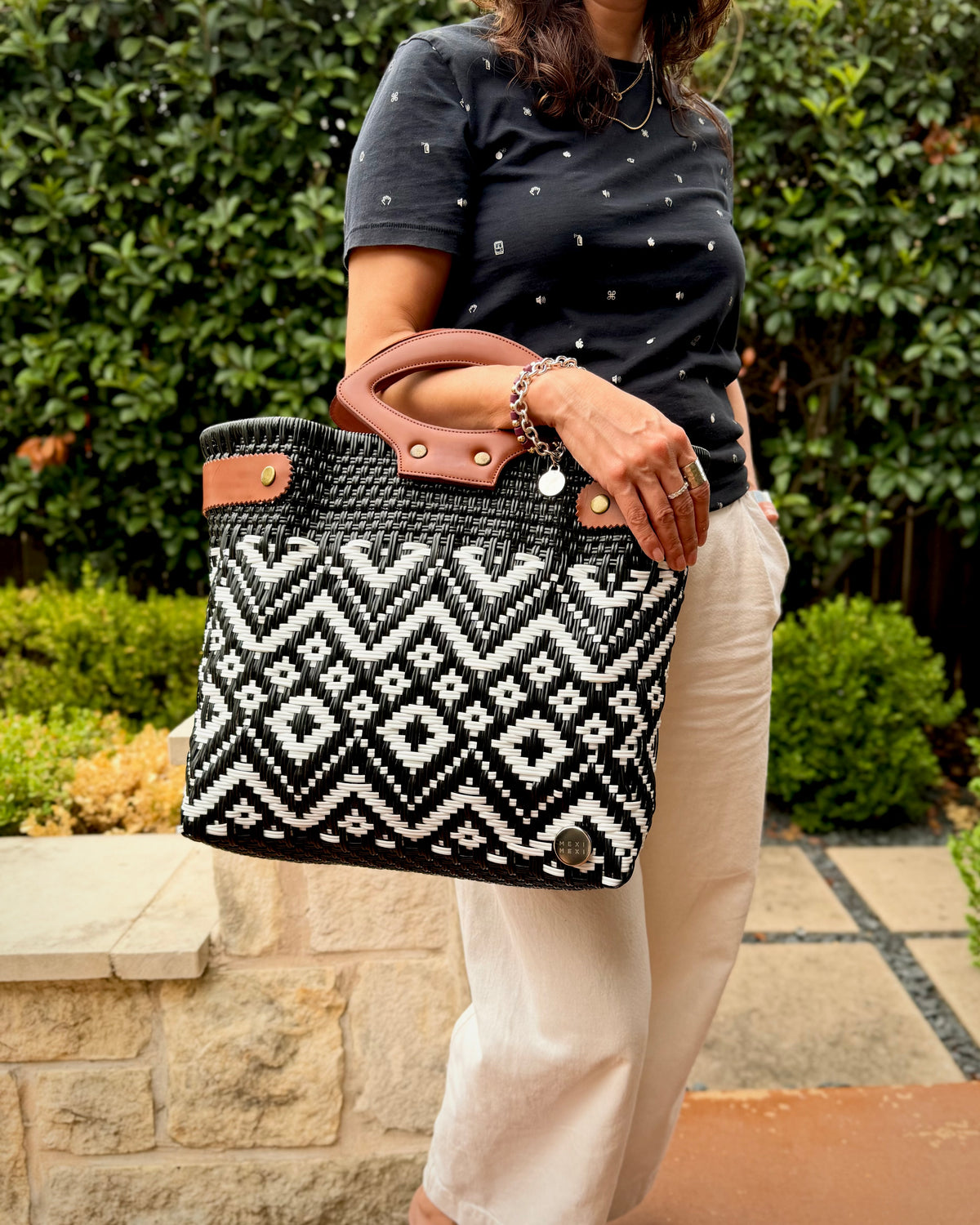 Laura Maria Basket Tote, Black & White Zigzag