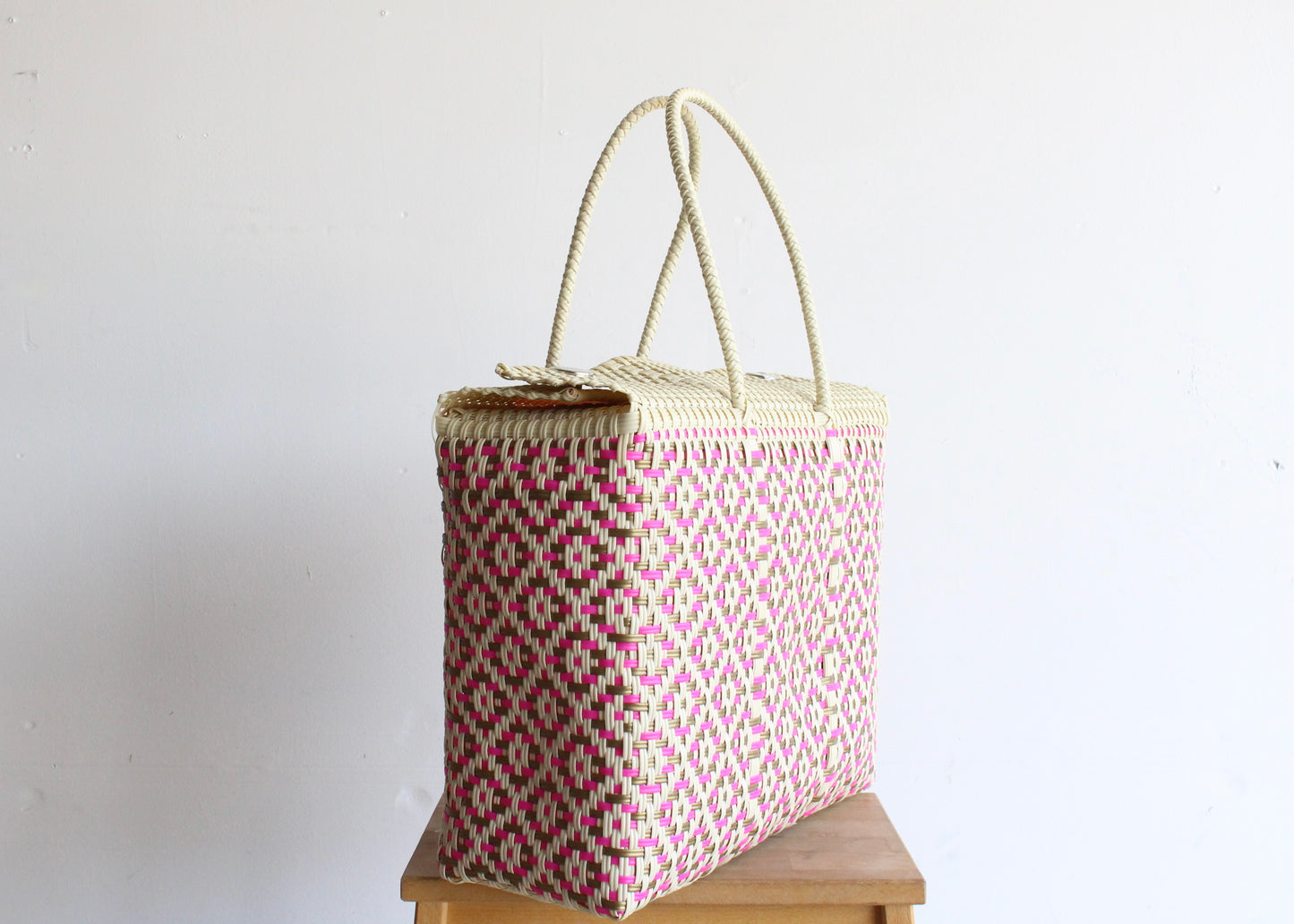 Gold, Pink & Beige Handwoven Mexican Basket by MexiMexi