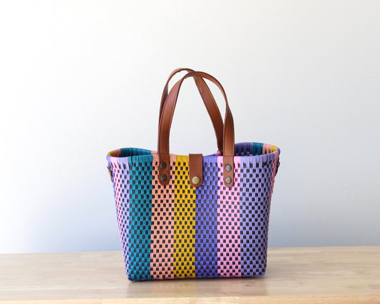 MexiMexi Colorful Artisan Purse – Handmade in Mexico – Recycled Plastic & Leather – Teal, Peach, Yellow, Lilac