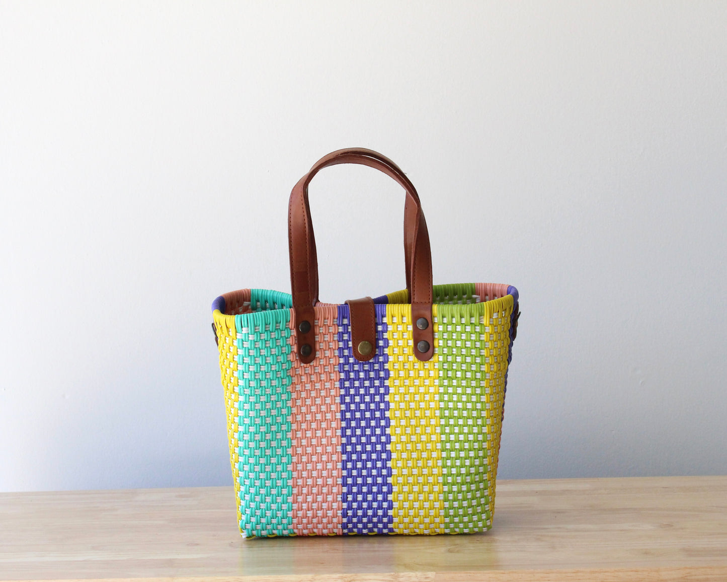 MexiMexi Colorful Woven Tote Bag – Leather Handles & Strap – Handmade in Mexico