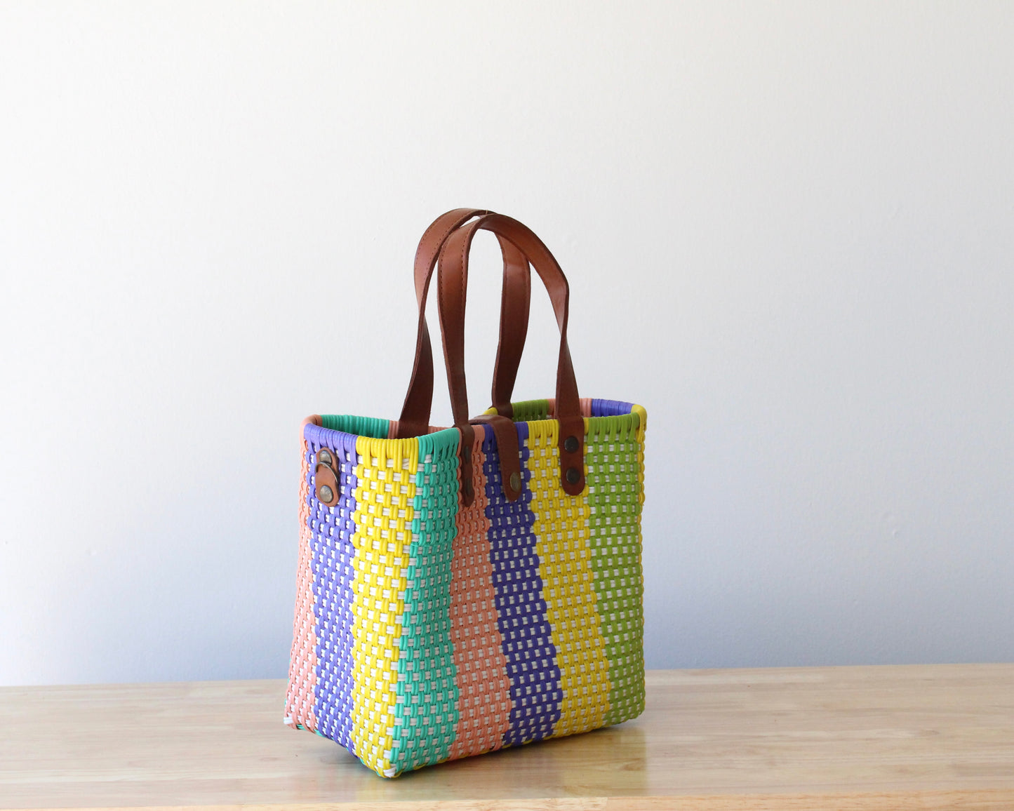 MexiMexi Colorful Woven Tote Bag – Leather Handles & Strap – Handmade in Mexico