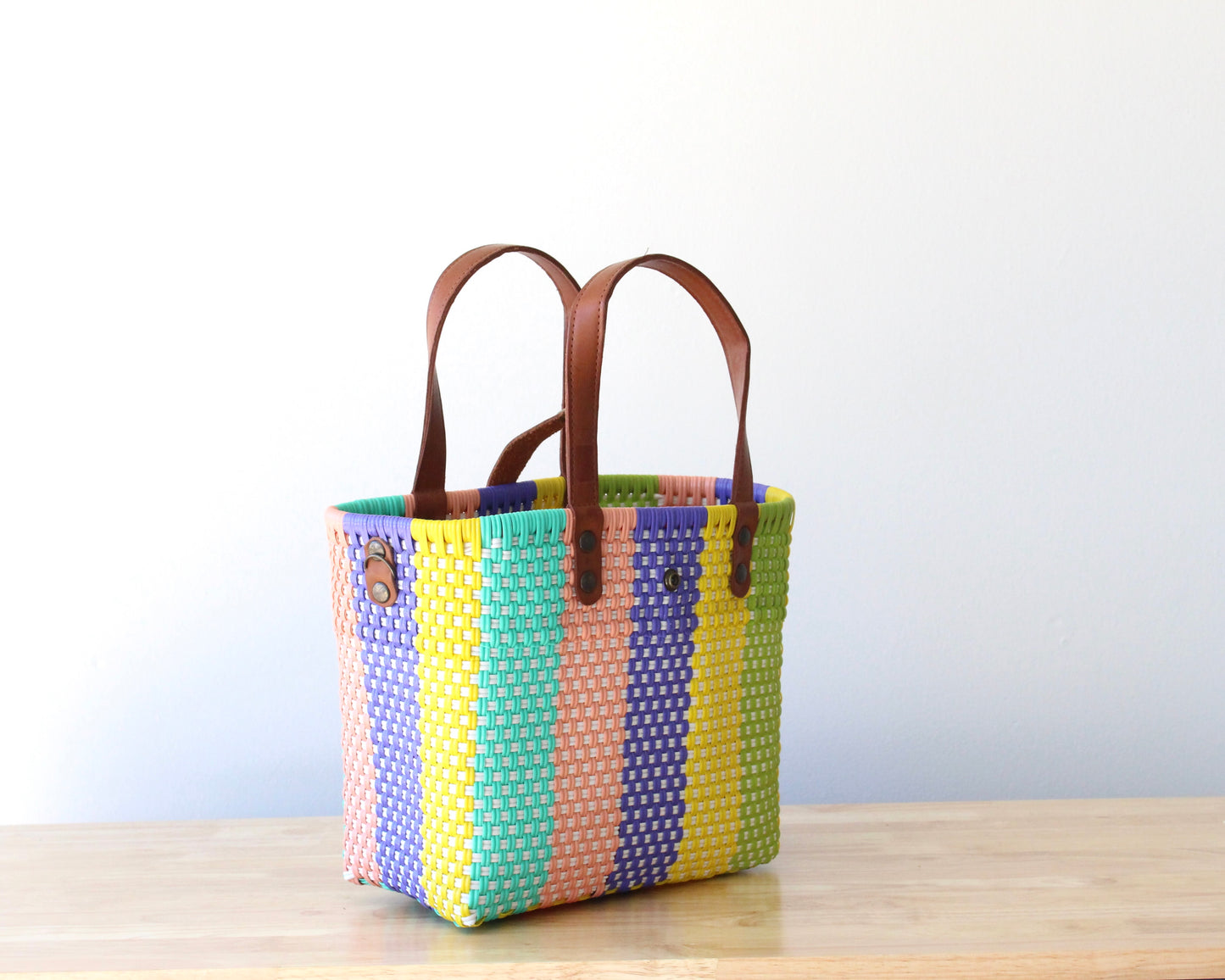 MexiMexi Colorful Woven Tote Bag – Leather Handles & Strap – Handmade in Mexico