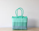 Medium handwoven Mexican handbag in aqua with white and fuchsia details