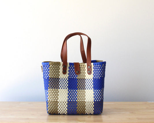 MexiMexi Royal Blue Checkered Bag – Handmade Tote with Leather Handles