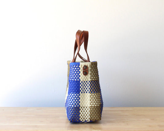 MexiMexi Royal Blue Checkered Bag – Handmade Tote with Leather Handles