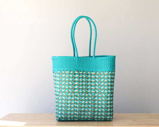 Aqua & Gold Woven Tote Bag by MexiMexi