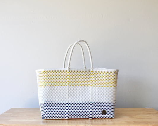 Playa Large Tote – Yellow, White & Navy – Handwoven in Mexico