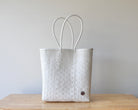 White handwoven Mexican tote bag with long shoulder handles