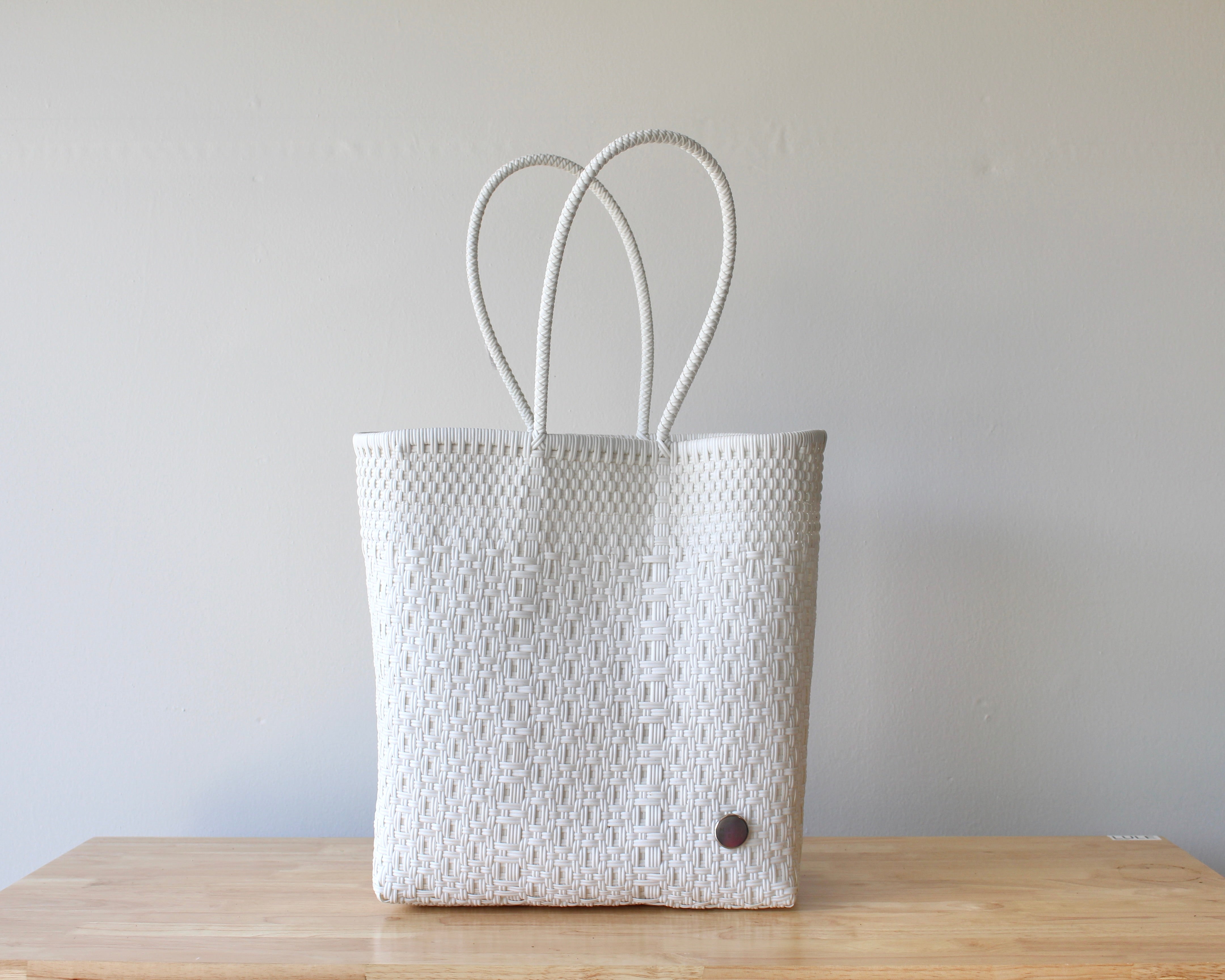 White handwoven Mexican tote bag with long shoulder handles